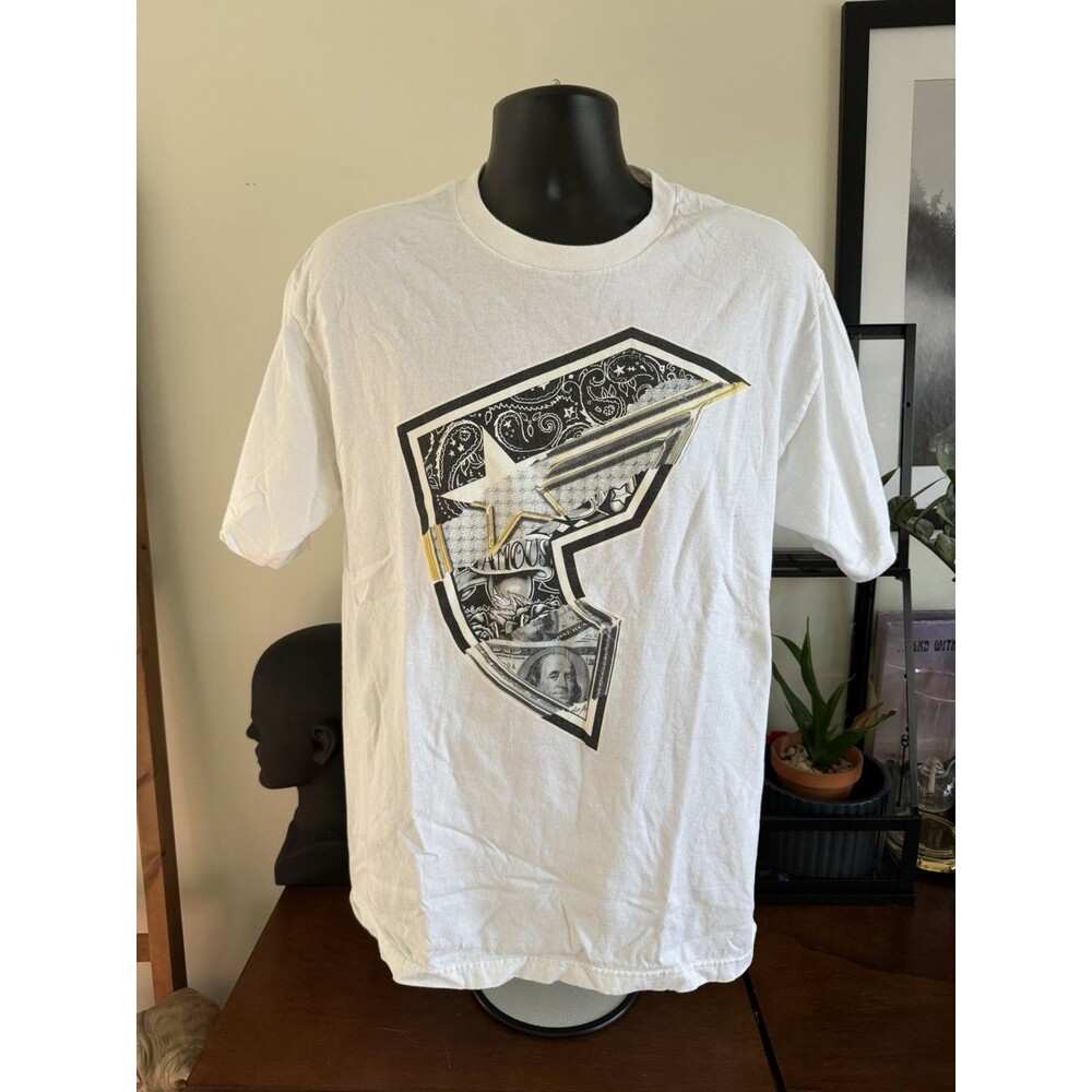 Famous Stars Logo T-Shirt Men’s L White Money Tattoo Bandana Graphic Y2K Grunge